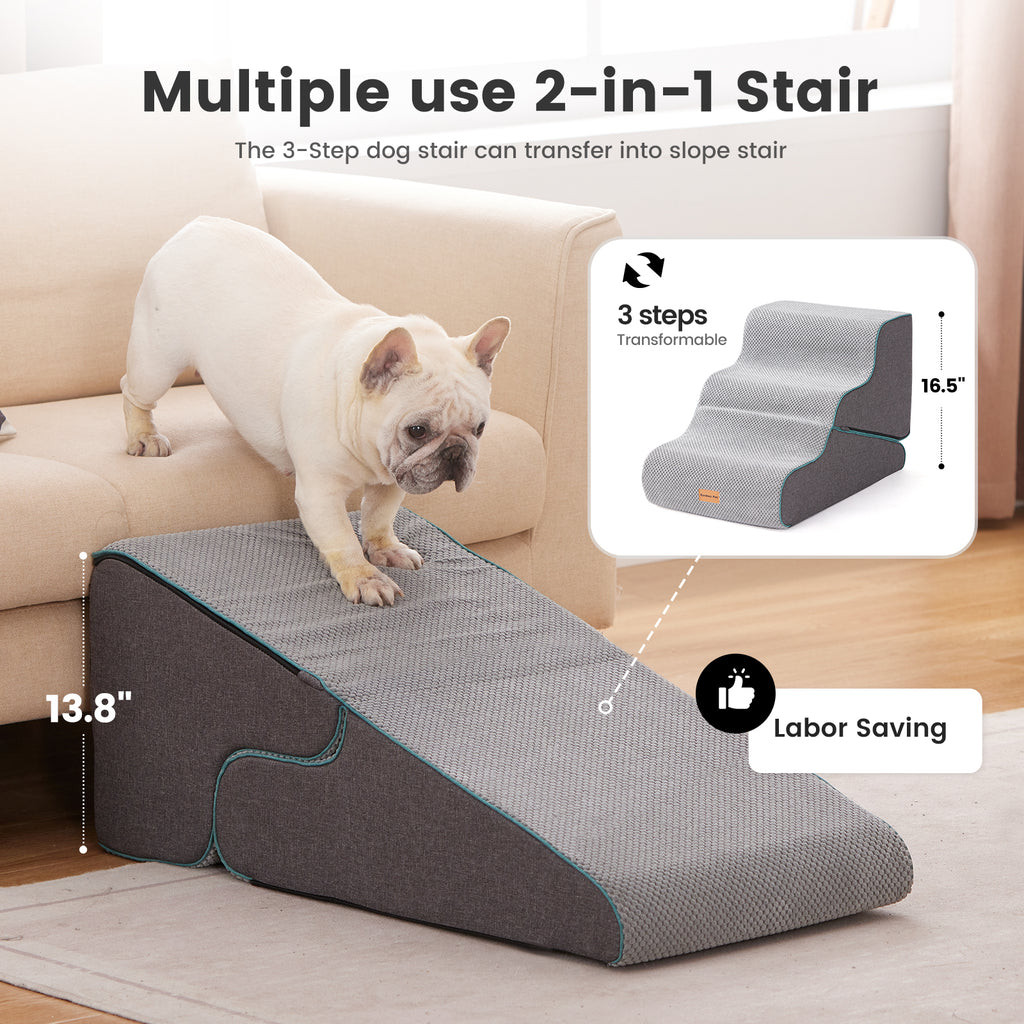 Gardner Pet Dog Stairs for Small Dogs 16.5" H, 2 in 1 Transformable 3-Step Pet Stairs and ramp, Dog Steps for Couch (13-20 in) with Durable Non-Slip Waterproof Cover and CertiPUR-US Certified Foam
