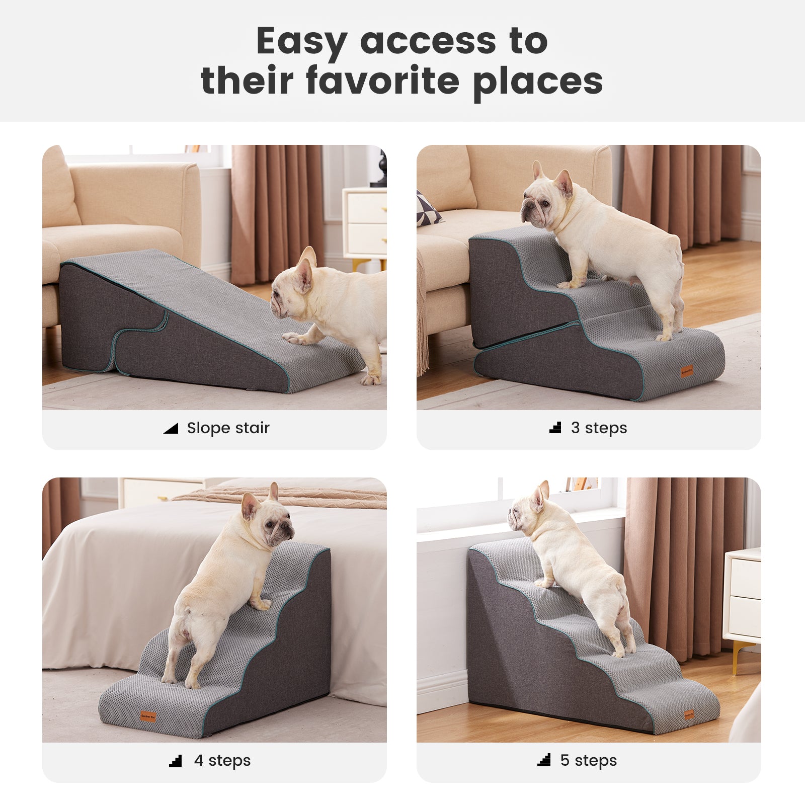 Gardner Pet Dog Stairs for Small Dogs 16.5" H, 2 in 1 Transformable 3-Step Pet Stairs and ramp, Dog Steps for Couch (13-20 in) with Durable Non-Slip Waterproof Cover and CertiPUR-US Certified Foam