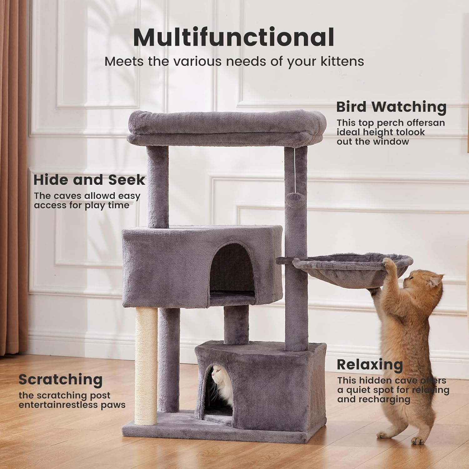 Gardner Pet 41in Cat Tree with 3.2in Posts Heavy Duty Cat Tower, Gray