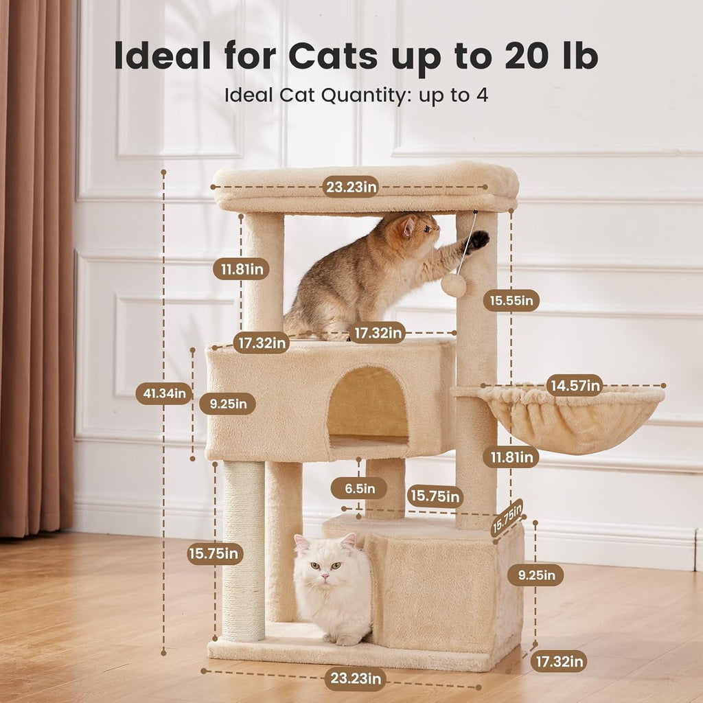 Gardner Pet 41in Cat Tree with 3.2in Posts Heavy Duty Cat Tower, Beige