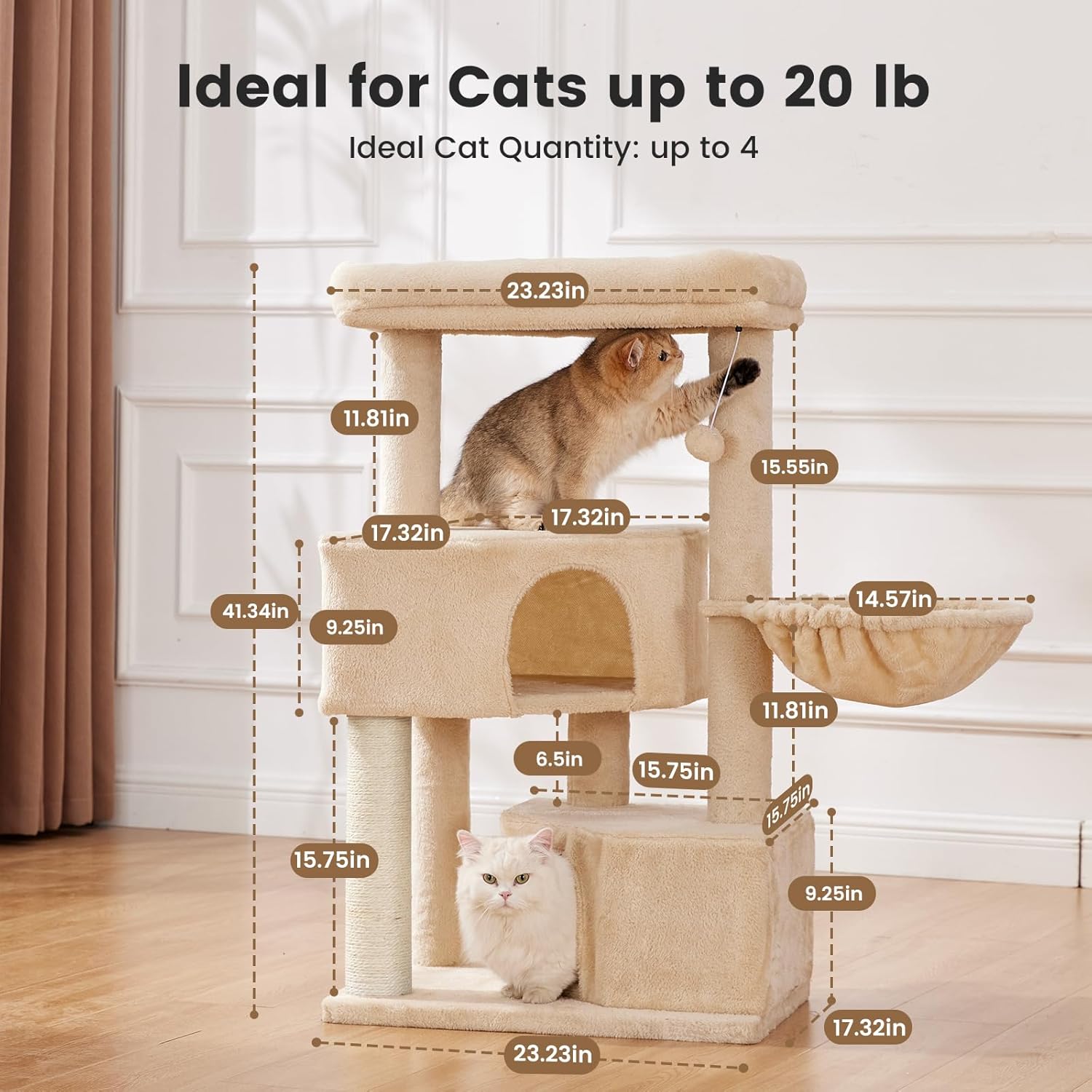 Gardner Pet 41in Cat Tree with 3.2in Posts Heavy Duty Cat Tower, Beige