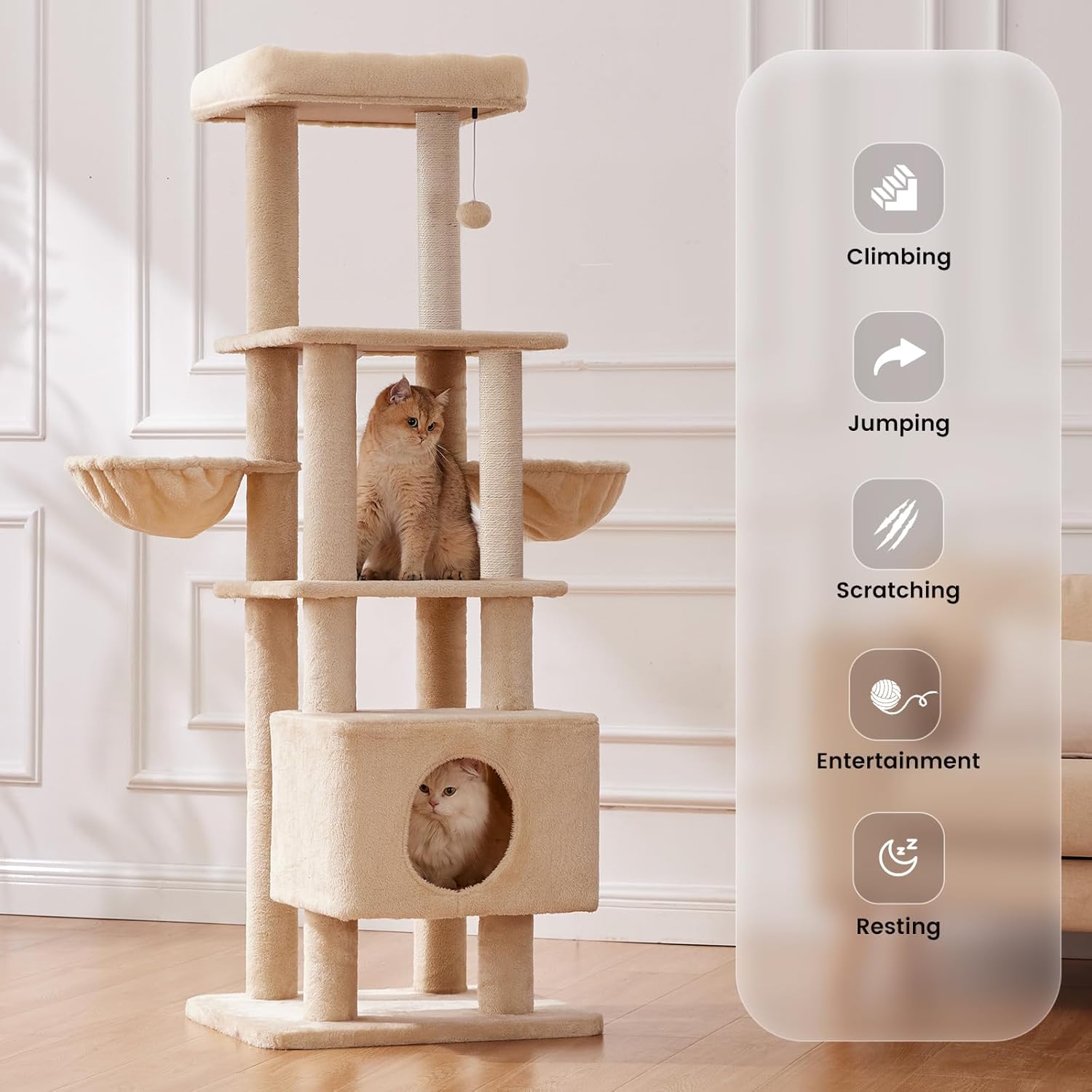 Gardner Pet 65in Cat Tree with 2.84in Posts Heavy Duty Cat Tower, Beige
