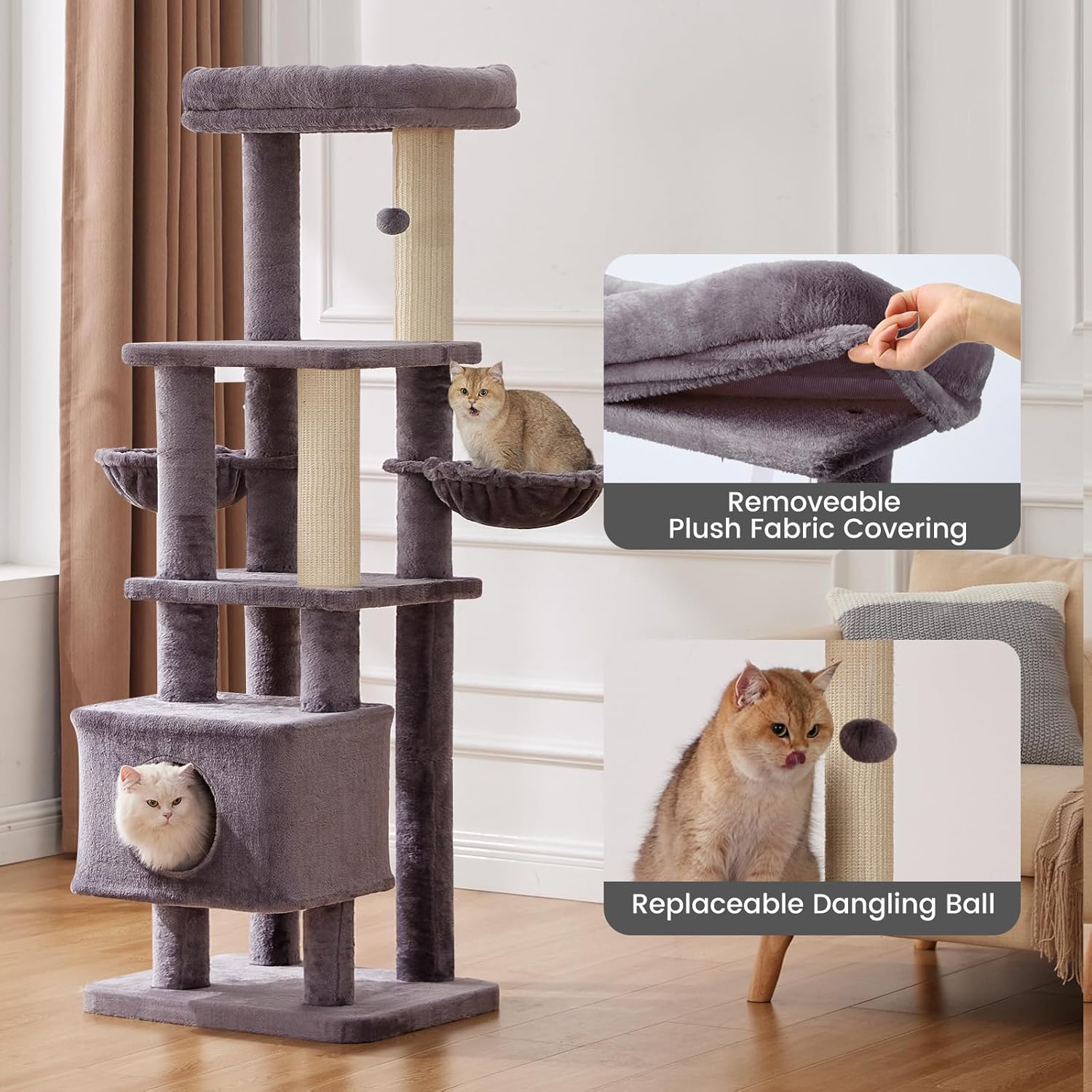 Gardner Pet 65in Cat Tree with 3.23in Posts Heavy Duty Cat Tower, Gray