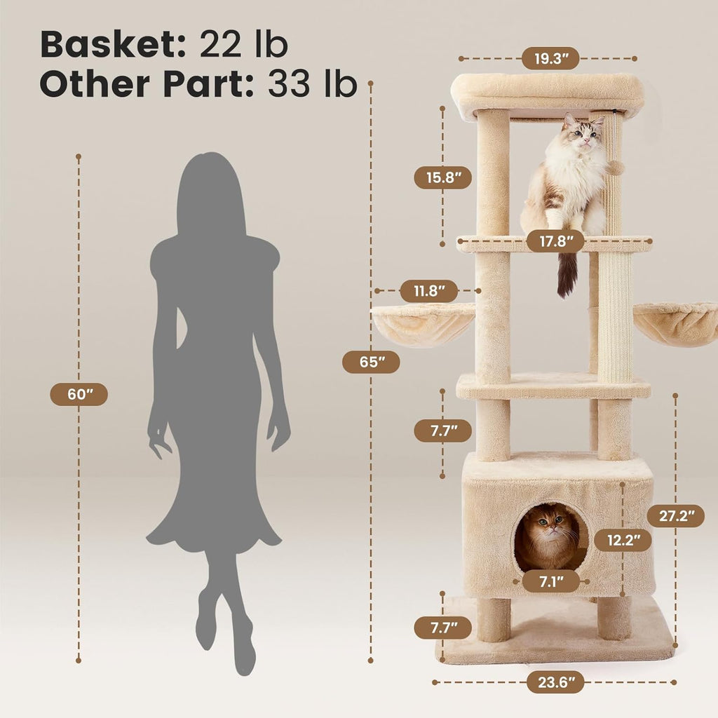 Gardner Pet 65in Cat Tree with 2.84in Posts Heavy Duty Cat Tower, Beige