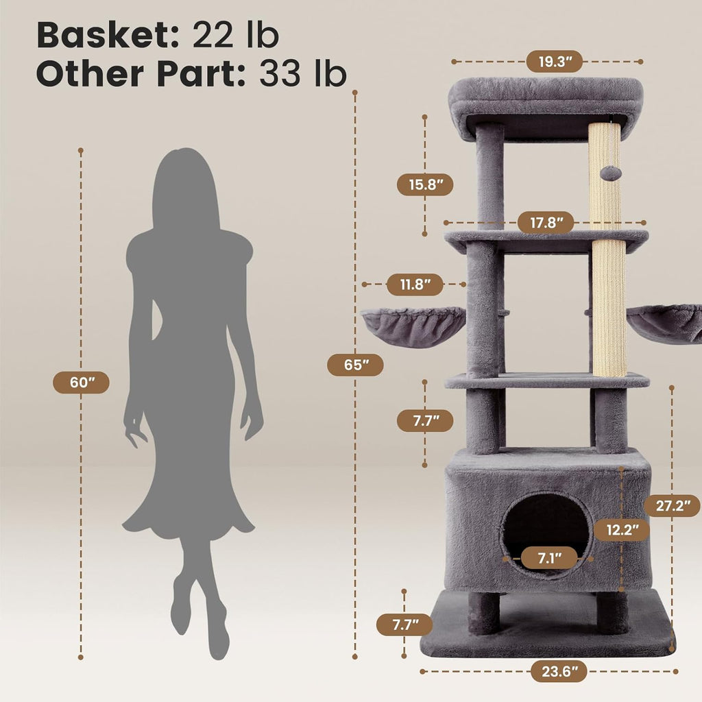 Gardner Pet 65in Cat Tree with 2.84in Posts Heavy Duty Cat Tower, Gray