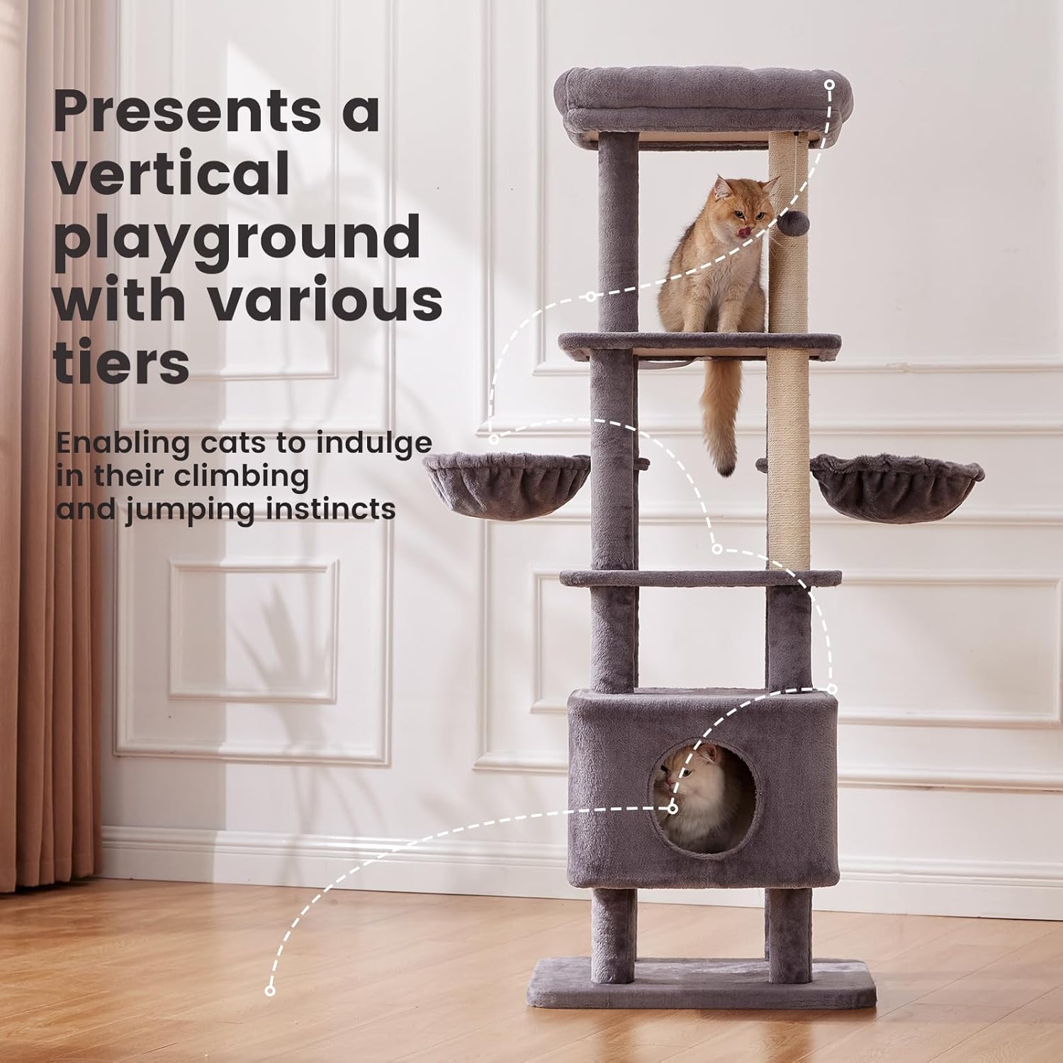 Gardner Pet 65in Cat Tree with 2.84in Posts Heavy Duty Cat Tower, Gray