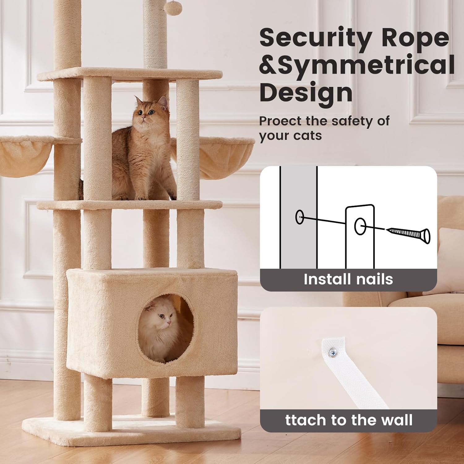 Gardner Pet 65in Cat Tree with 2.84in Posts Heavy Duty Cat Tower, Beige