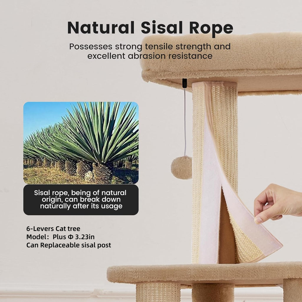 Gardner Pet 65in Cat Tree with 3.23in Posts Heavy Duty Cat Tower, Beige