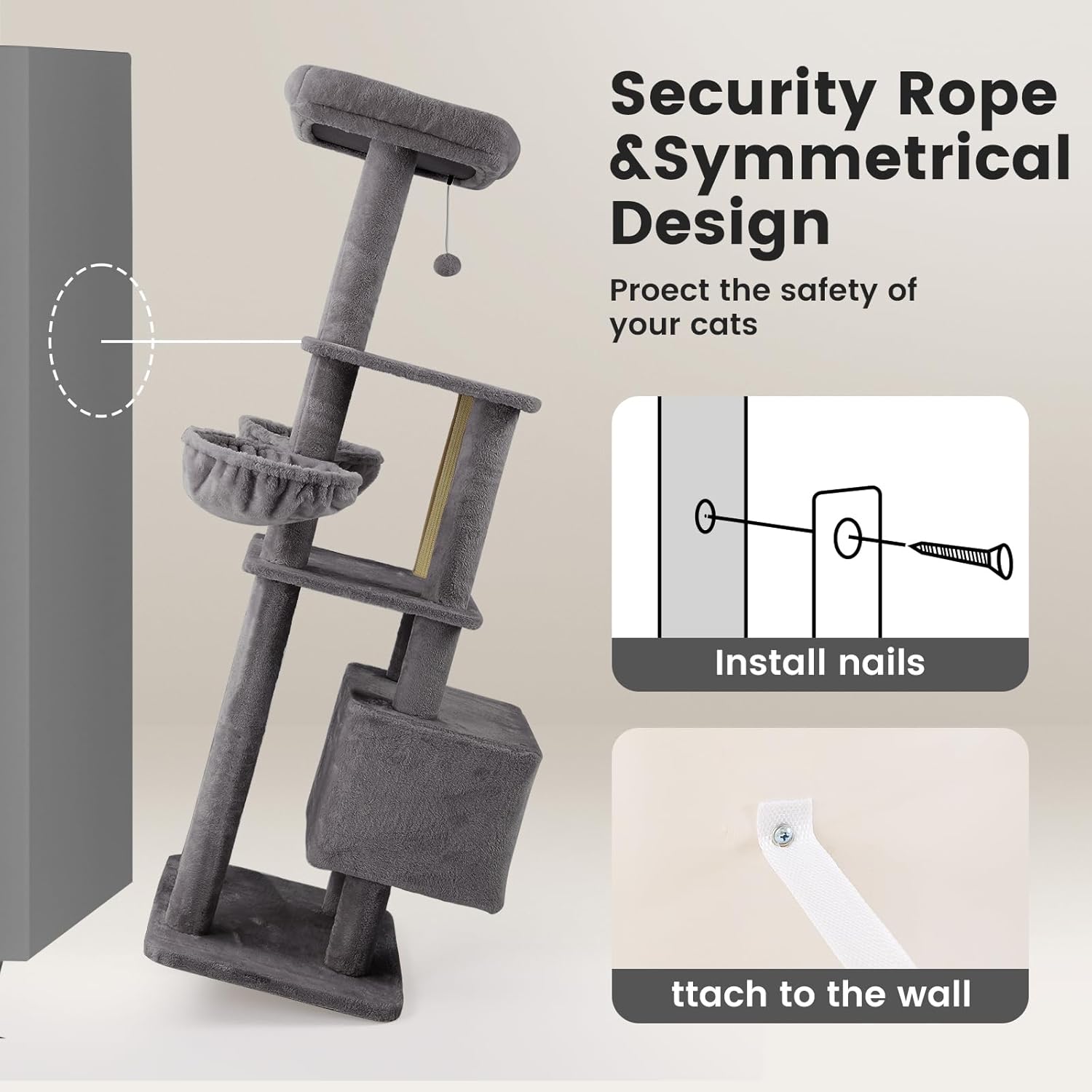 Gardner Pet 65in Cat Tree with 3.23in Posts Heavy Duty Cat Tower, Gray