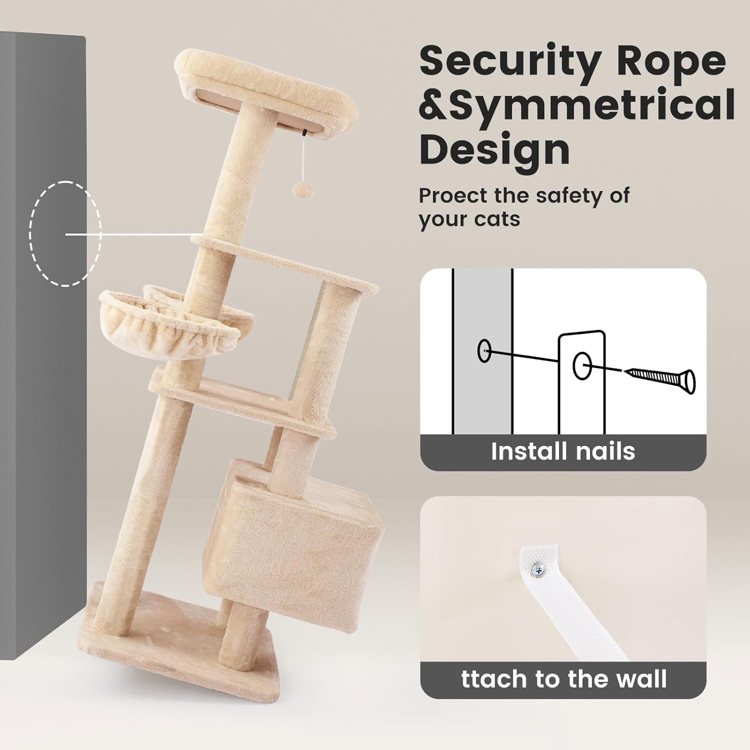 Gardner Pet 65in Cat Tree with 3.23in Posts Heavy Duty Cat Tower, Beige